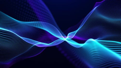Abstract digital dynamic particle waves with light motion lights background, data flow, cyber