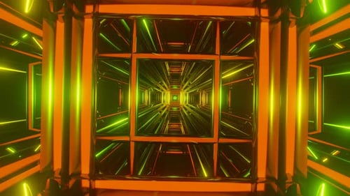 Abstract Seamless Looped Yellow Green Neon Animation of Infinite Square Tunnel