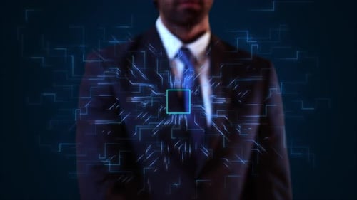 Empresário: display, holograma, placa de circuito digital, plano de fundo, processadores centrais de computador