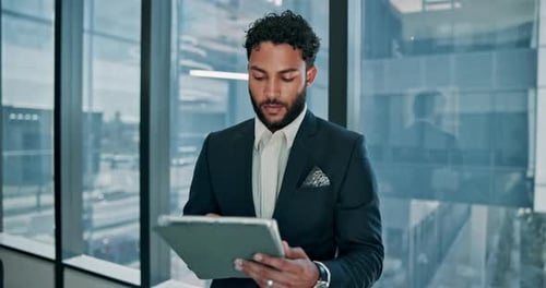 Tablet, research and businessman by window in office reading stock market development