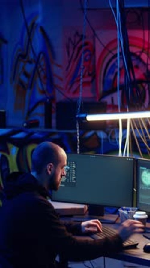 Vertical Video Hacker in Hidden HQ Building Scripts That Can Hack Devices Dolly in Shot