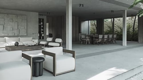 Living Garden Interior in Whitegray Tones with Armchairs Under Roof of Terrace