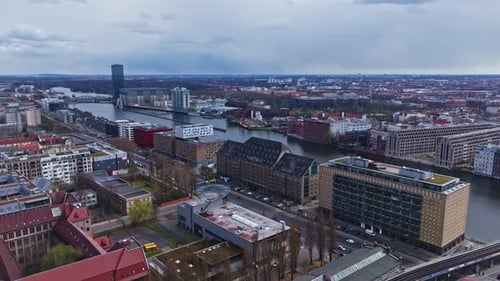 Aerial view of buildings on the bank of spree river , Berlin