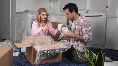 Happy Family Pack Things Into Boxes Couple Move New Apartment Flat Relocation