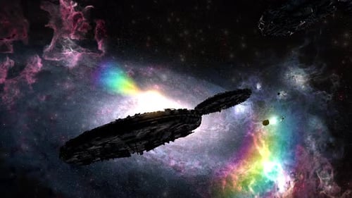 Futuristic Spaceships Fly Through Vibrant Nebula Space Background