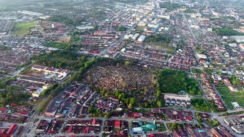 Aerial view shows dense residential neighborhood