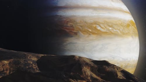 Blick auf den Planeten Jupiter von einem der Felsmonde