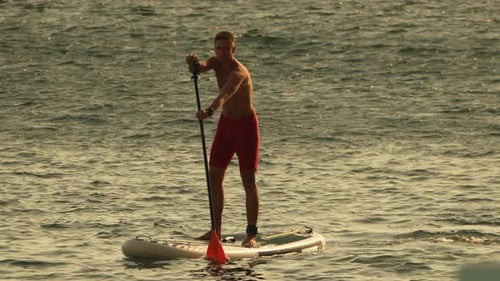 Young Adult Paddle Boarding on Ocean at Sunset