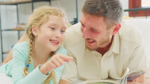 Caucasian father spend leisure time with baby girl in bedroom at house. Happy family, Loving parent