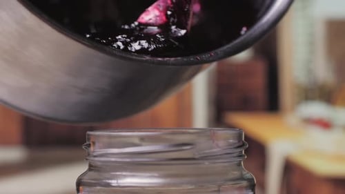 Cooking Blueberry Raspberry Berrie Jam with Sugar Boiling Marmalade Jar of Raspberry Jam and Fresh