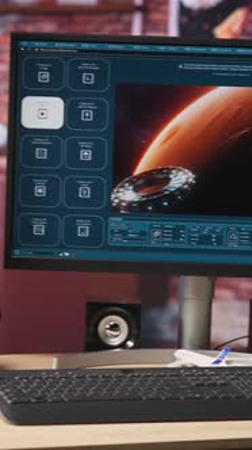 Vertikales Video-PC-Display mit virtuellem KI-Assistenten, der Clips produziert