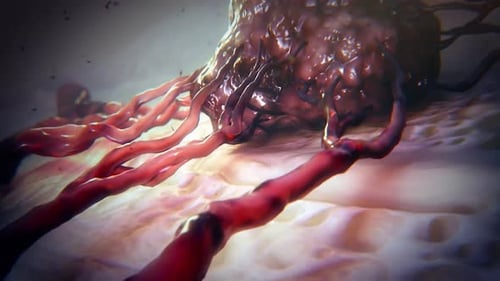 Microscopic view of a cell with glowing tendrils