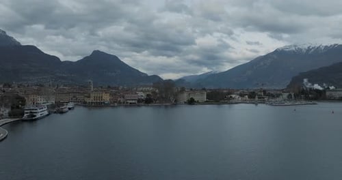 Aerial view of Garda lake at sunset, Riva del Garda, Italy.