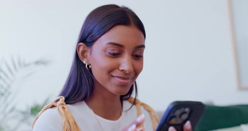 Home, happy and woman with cellphone, typing and network with connection