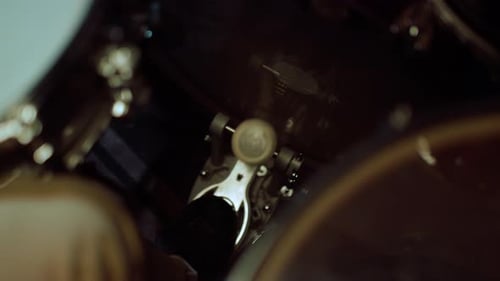 Closeup Man Leg Pressing Drum Pedal In Sound Recording Studio. Unrecognizable Person Drumming In ...