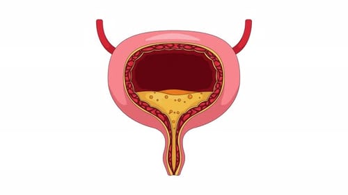 Human urinary bladder cross-section with urine flowing down cartoon animation