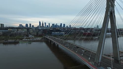 Aerial Panorama of Warsaw Poland with Swietokrzyski Bridge Over the Vistual River