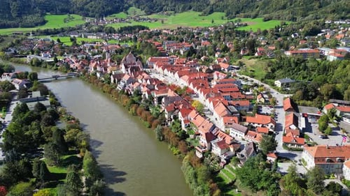 Aerial view of historic old town with river, Austria.