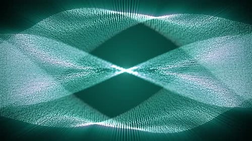 Looping abstract animation of glowing blue green particle waves with a circular field around a light