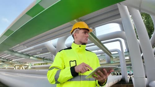 Un travailleur examine l'infrastructure du pipeline pendant la journée dans une installation extérieure