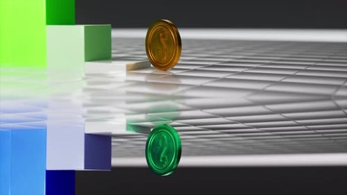 Digital Animation Showing a Gold Dollar Coin Rolling on a Glossy Tiled Surface Towards a Rising Bar