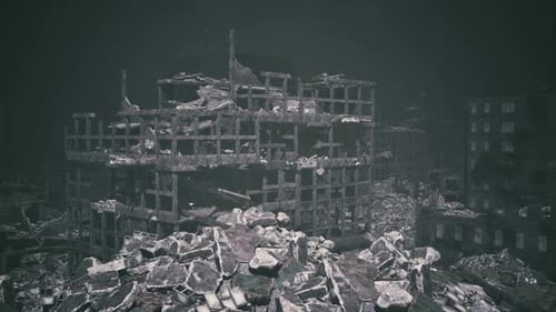 Destruction of a Cityscape Following a Catastrophic Event at Night