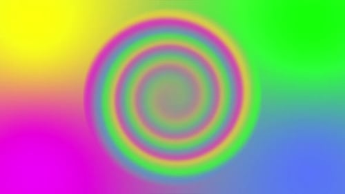 Minimal thin fluorescent spiral in infinite rotation. Funky holographic backdrop in retrowave style.