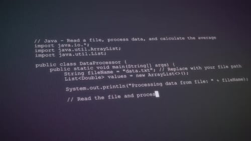 Software developer coding in java. The engineer is programming web interface code. Virtual screen