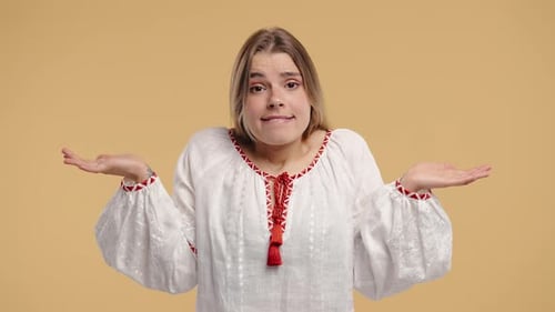 Confused Ukrainian Woman Shrugs Shoulders Showing Uncertainty Confusion Hesitation Makes Gesture of