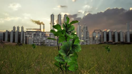 Tree And A Factory Emitting Smoke, Highlighting Environmental Issues