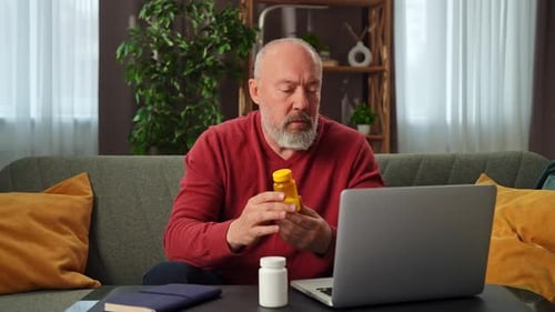 Man with Medication Consults Doctor Online from Home