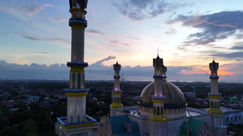 Aerial Sunset fly over Mosque