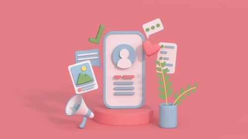 Social network acoount on a smartphone. Digital marketing and advertising. Minimal cartoon style 3D