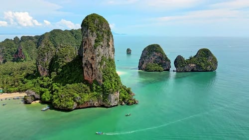 Aerial view of Railay Beach cliffs, Thailand.