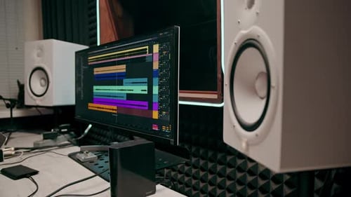 recording studio sound engineer producer mixes songs on screen colorful audio tracks professional