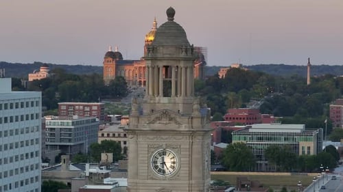 Des Moines, Iowa skyline with iconic golden Capitol dome and historic Polk County Courthouse. Aerial