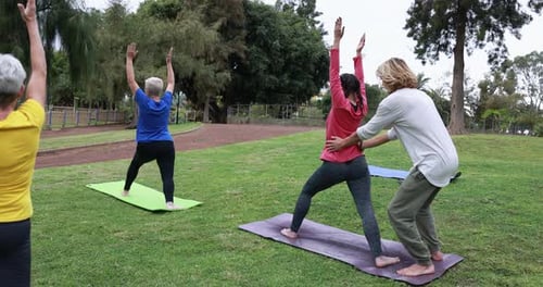 Multi generational people practicing yoga in a green city park at sunset