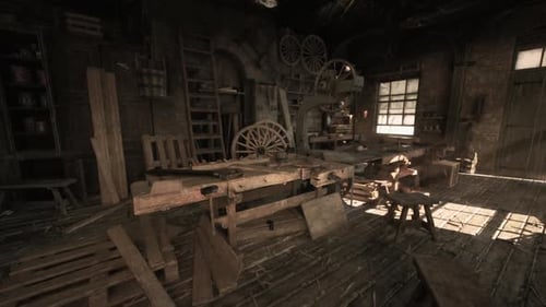 Old Carpentry Workshop with Vintage Tools and Rustic Wooden Furniture