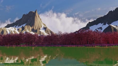 Reflection of Blooming Spring Trees Surrounded by Mountains and Clouds