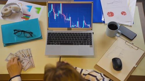 Money and thoughtful trader woman.