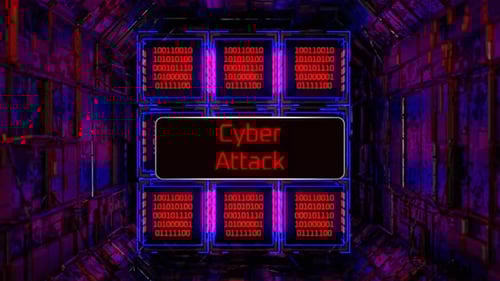 Cyberattack on a chip. Hacking the program. Cyber attack warning sign on virtual digital screen. Dig
