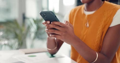 Woman, hands and typing with phone for business schedule, social media or communication in office