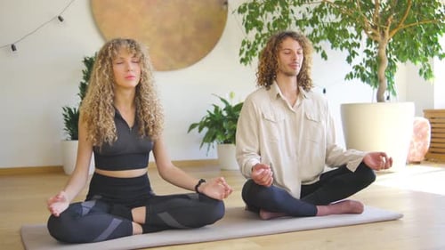 Couple Meditating Together on Yoga Mat Indoors