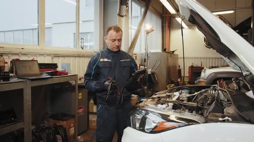 Spezialist in der Nähe von Autodiagnose-PC in einer Werkstatt, Autoservice, Wartungskonzept