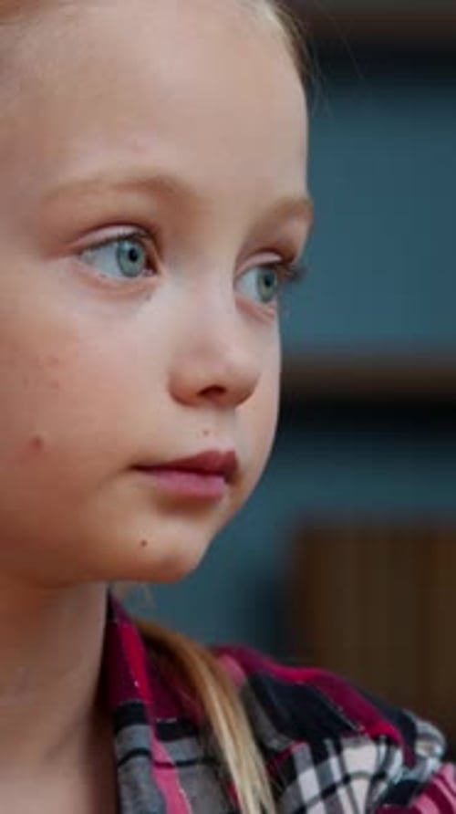 Portrait Pensive Caucasian Thinking Child Kid Daughter Girl Looking Away in Evening Home Look in
