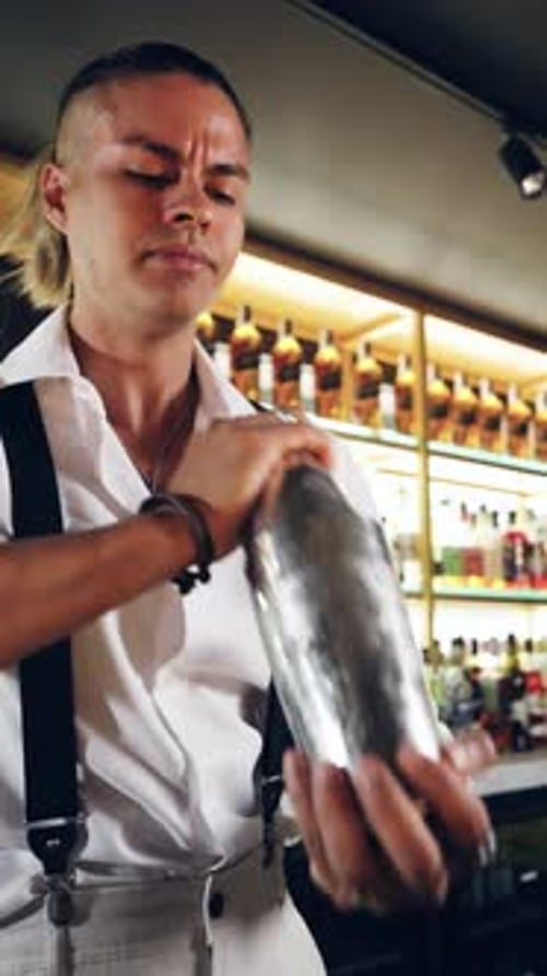 Professional Bartender Shaking a Cocktail Shaker Behind the Bar Counter