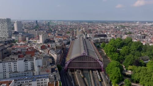 Antwerp Central Station with Its Recognizable Arched Roof Captured From a High Vantage Point Cars