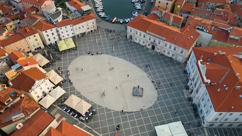 Tartini Square in Piran with Its Ancient Buildings and Red Roofs Slovenia