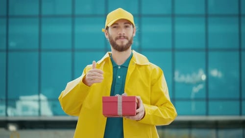Man in Yellow Jacket Presents Gift