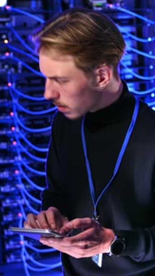 Young Adult Uses Tablet in Data Center